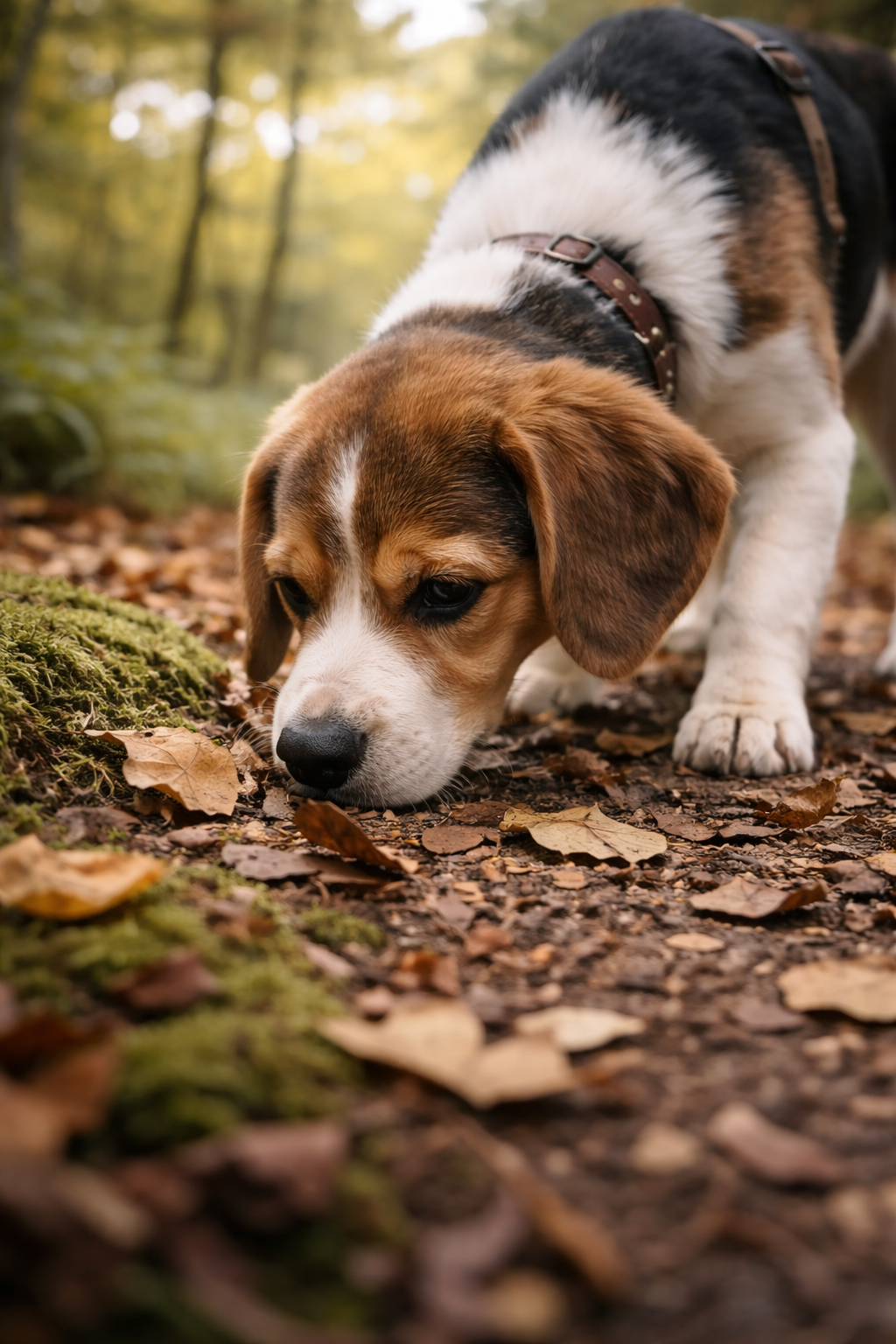 Professional dog walker walking dogs safely in woodland in East Lothian